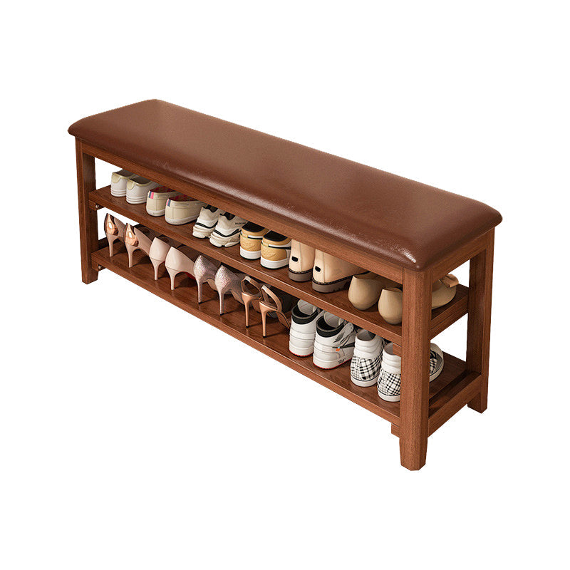 Traditional Vintage Solid Wood Multi-Layer Board Rubber Wood PU Leather Rectangular Shoe Bench 2-Tier For Living Room