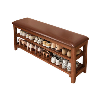Traditional Vintage Solid Wood Multi-Layer Board Rubber Wood PU Leather Rectangular Shoe Bench 2-Tier For Living Room