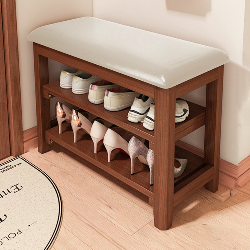 Traditional Vintage Solid Wood Multi-Layer Board Rubber Wood PU Leather Rectangular Shoe Bench 2-Tier For Living Room