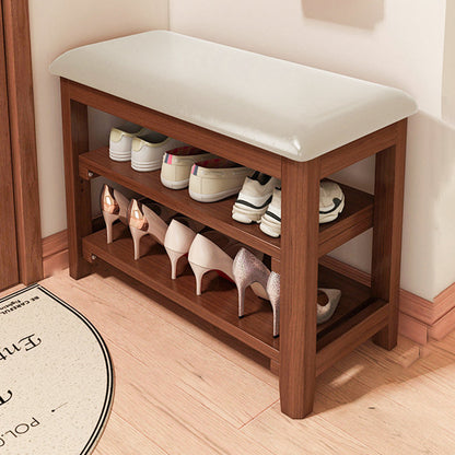 Traditional Vintage Solid Wood Multi-Layer Board Rubber Wood PU Leather Rectangular Shoe Bench 2-Tier For Living Room