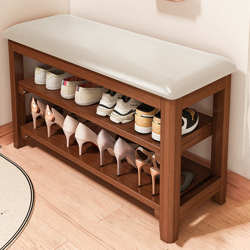 Traditional Vintage Solid Wood Multi-Layer Board Rubber Wood PU Leather Rectangular Shoe Bench 2-Tier For Living Room