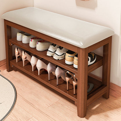 Traditional Vintage Solid Wood Multi-Layer Board Rubber Wood PU Leather Rectangular Shoe Bench 2-Tier For Living Room