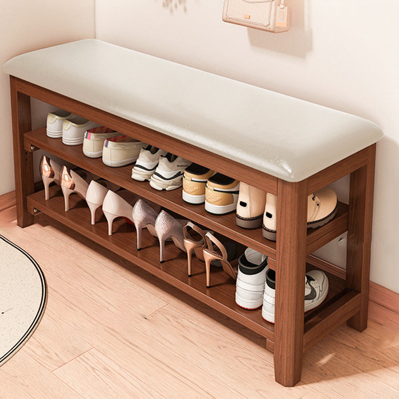 Traditional Vintage Solid Wood Multi-Layer Board Rubber Wood PU Leather Rectangular Shoe Bench 2-Tier For Living Room
