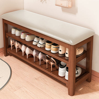 Traditional Vintage Solid Wood Multi-Layer Board Rubber Wood PU Leather Rectangular Shoe Bench 2-Tier For Living Room