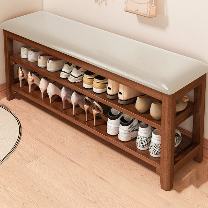 Traditional Vintage Solid Wood Multi-Layer Board Rubber Wood PU Leather Rectangular Shoe Bench 2-Tier For Living Room