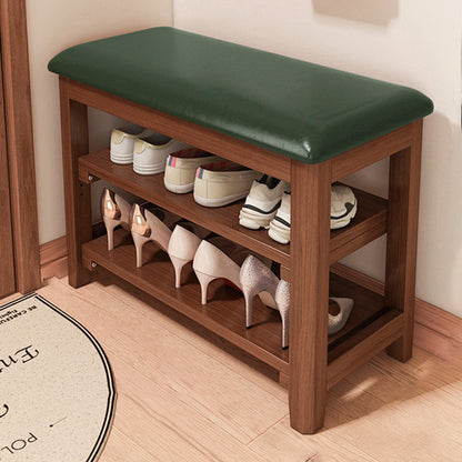 Traditional Vintage Solid Wood Multi-Layer Board Rubber Wood PU Leather Rectangular Shoe Bench 2-Tier For Living Room