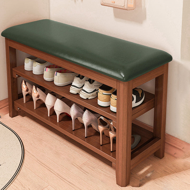 Traditional Vintage Solid Wood Multi-Layer Board Rubber Wood PU Leather Rectangular Shoe Bench 2-Tier For Living Room