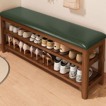 Traditional Vintage Solid Wood Multi-Layer Board Rubber Wood PU Leather Rectangular Shoe Bench 2-Tier For Living Room