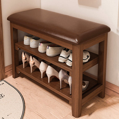 Traditional Vintage Solid Wood Multi-Layer Board Rubber Wood PU Leather Rectangular Shoe Bench 2-Tier For Living Room