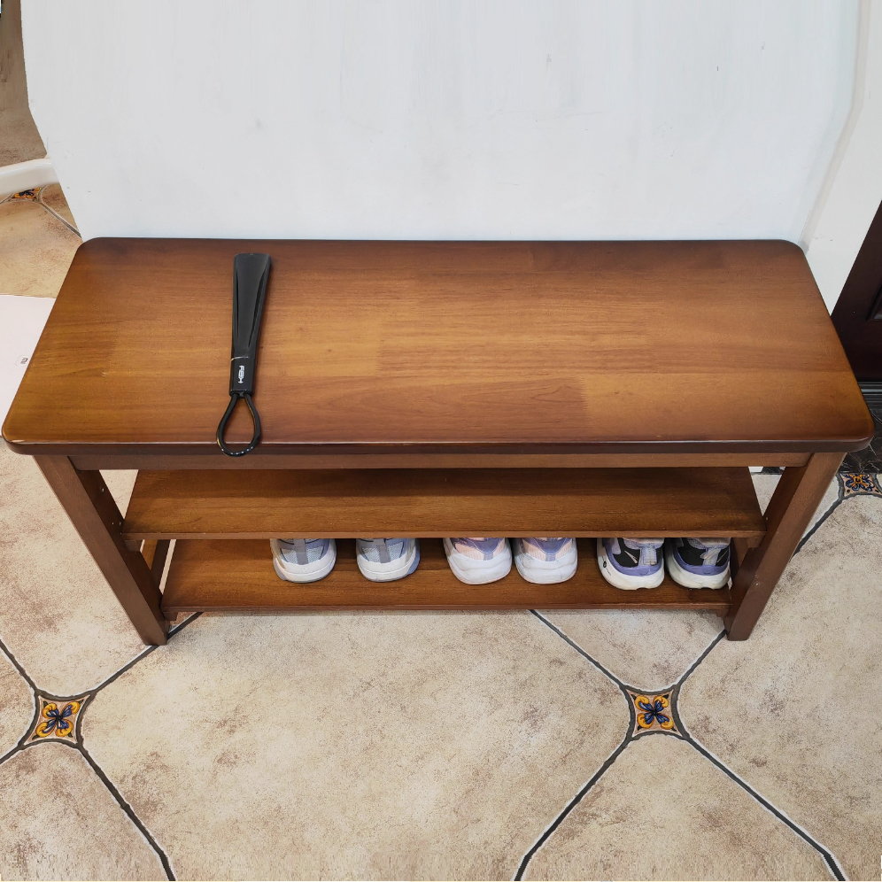 Traditional Vintage Solid Wood Multi-Layer Board Rubber Wood PU Leather Rectangular Shoe Bench 2-Tier For Living Room