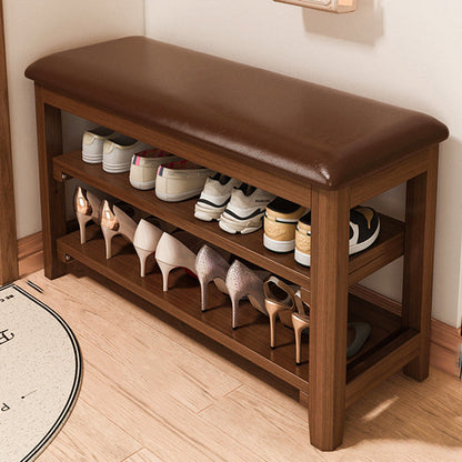 Traditional Vintage Solid Wood Multi-Layer Board Rubber Wood PU Leather Rectangular Shoe Bench 2-Tier For Living Room