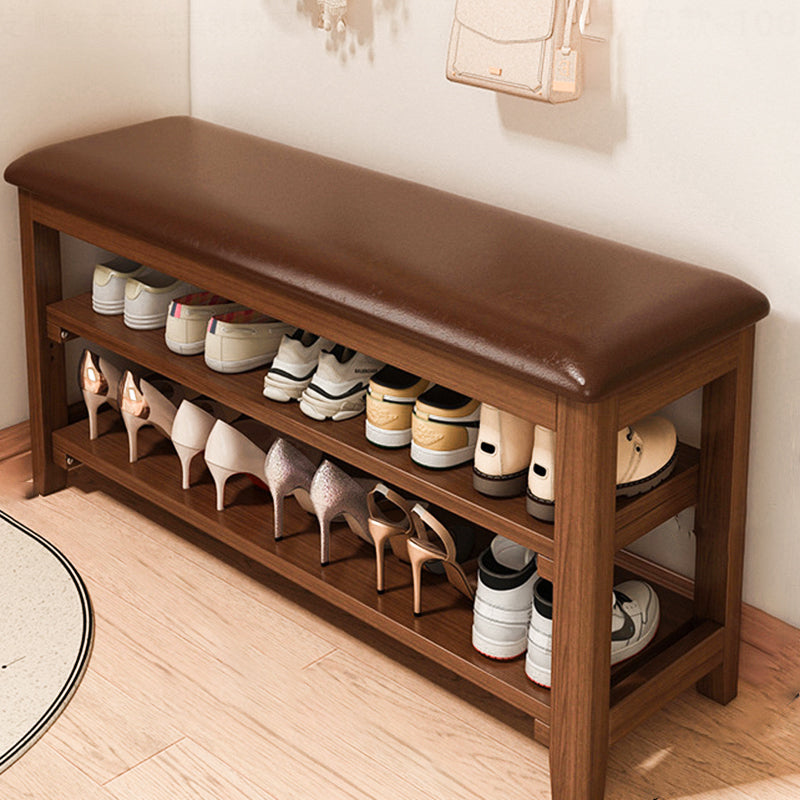 Traditional Vintage Solid Wood Multi-Layer Board Rubber Wood PU Leather Rectangular Shoe Bench 2-Tier For Living Room