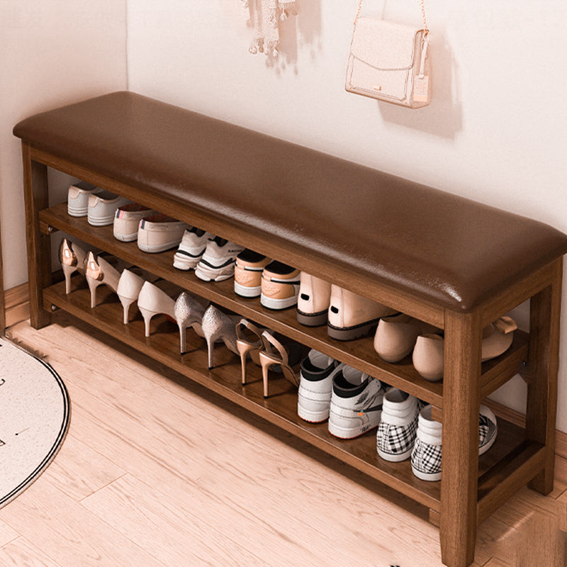Traditional Vintage Solid Wood Multi-Layer Board Rubber Wood PU Leather Rectangular Shoe Bench 2-Tier For Living Room