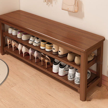 Traditional Vintage Solid Wood Multi-Layer Board Rubber Wood PU Leather Rectangular Shoe Bench 2-Tier For Living Room