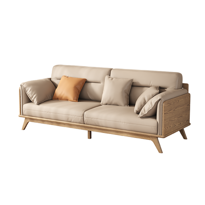 Contemporary Ash Wood Sofa With Eco Leather Upholstery - Rectangular  3/4 Seater Accent Chair For Living Room