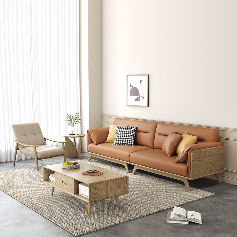 Contemporary Ash Wood Sofa With Eco Leather Upholstery - Rectangular  3/4 Seater Accent Chair For Living Room