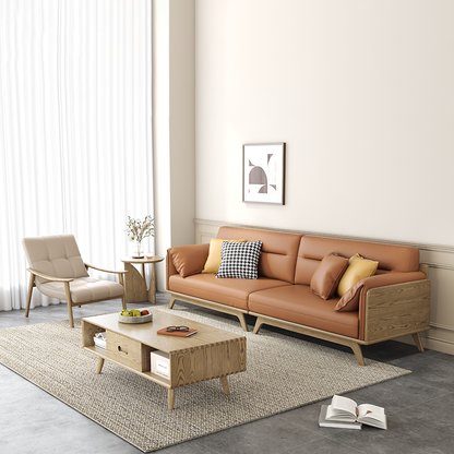Contemporary Ash Wood Sofa With Eco Leather Upholstery - Rectangular  3/4 Seater Accent Chair For Living Room