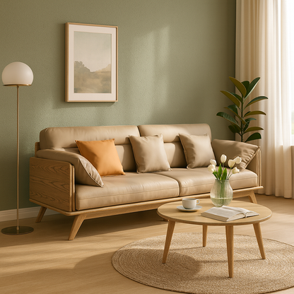 Contemporary Ash Wood Sofa With Eco Leather Upholstery - Rectangular  3/4 Seater Accent Chair For Living Room