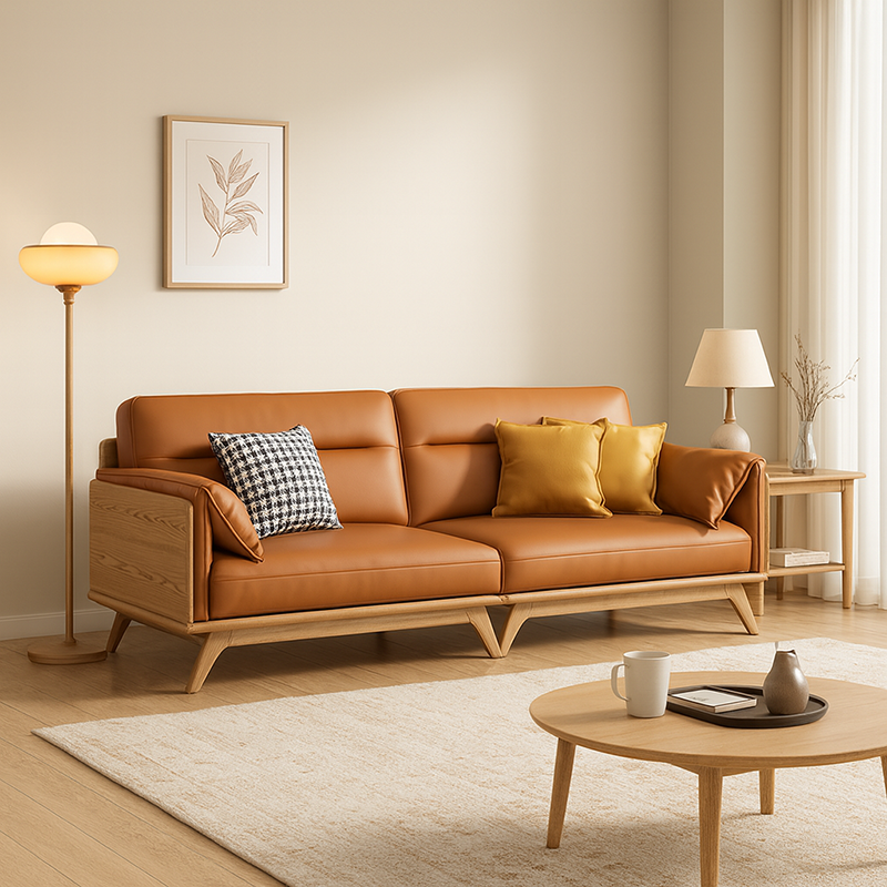 Contemporary Ash Wood Sofa With Eco Leather Upholstery - Rectangular  3/4 Seater Accent Chair For Living Room