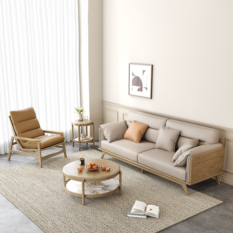 Contemporary Ash Wood Sofa With Eco Leather Upholstery - Rectangular  3/4 Seater Accent Chair For Living Room