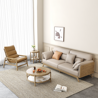 Contemporary Ash Wood Sofa With Eco Leather Upholstery - Rectangular  3/4 Seater Accent Chair For Living Room