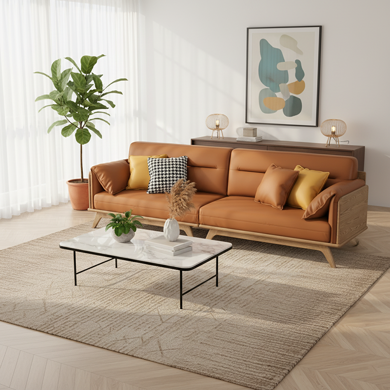 Contemporary Ash Wood Sofa With Eco Leather Upholstery - Rectangular  3/4 Seater Accent Chair For Living Room