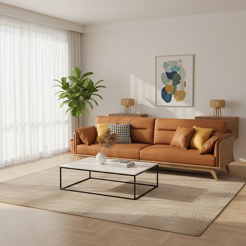 Contemporary Ash Wood Sofa With Eco Leather Upholstery - Rectangular  3/4 Seater Accent Chair For Living Room
