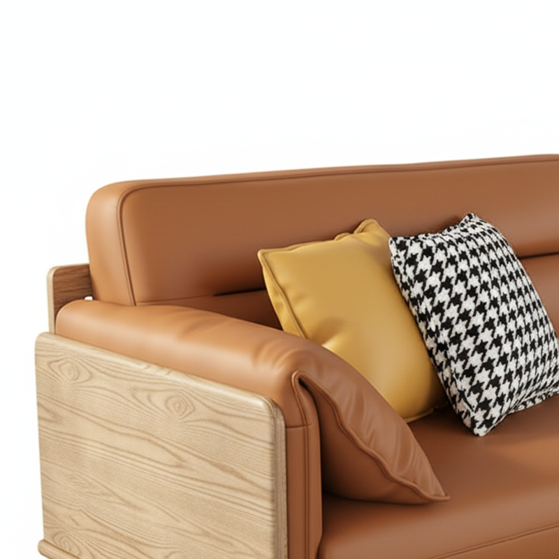 Contemporary Ash Wood Sofa With Eco Leather Upholstery - Rectangular  3/4 Seater Accent Chair For Living Room