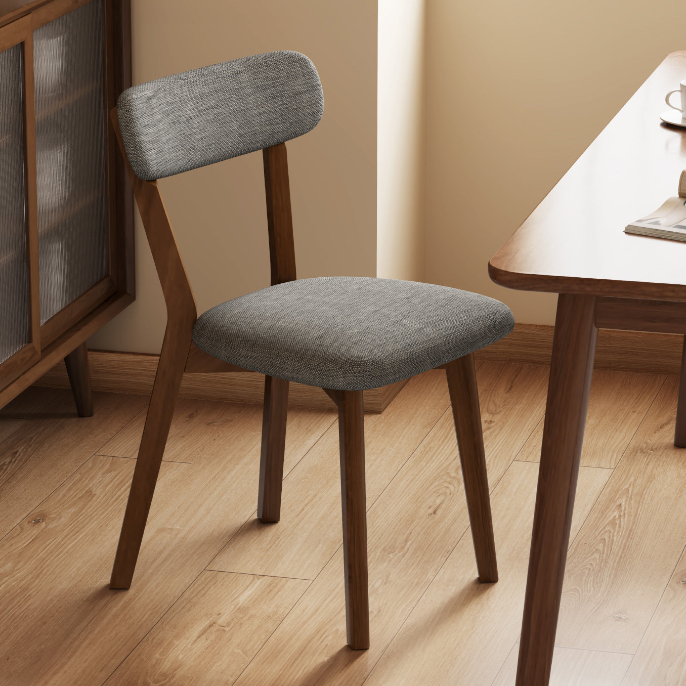 Contemporary Scandinavian Rubberwood Fabric Curved Dining Chair With Backrest For Dining Room