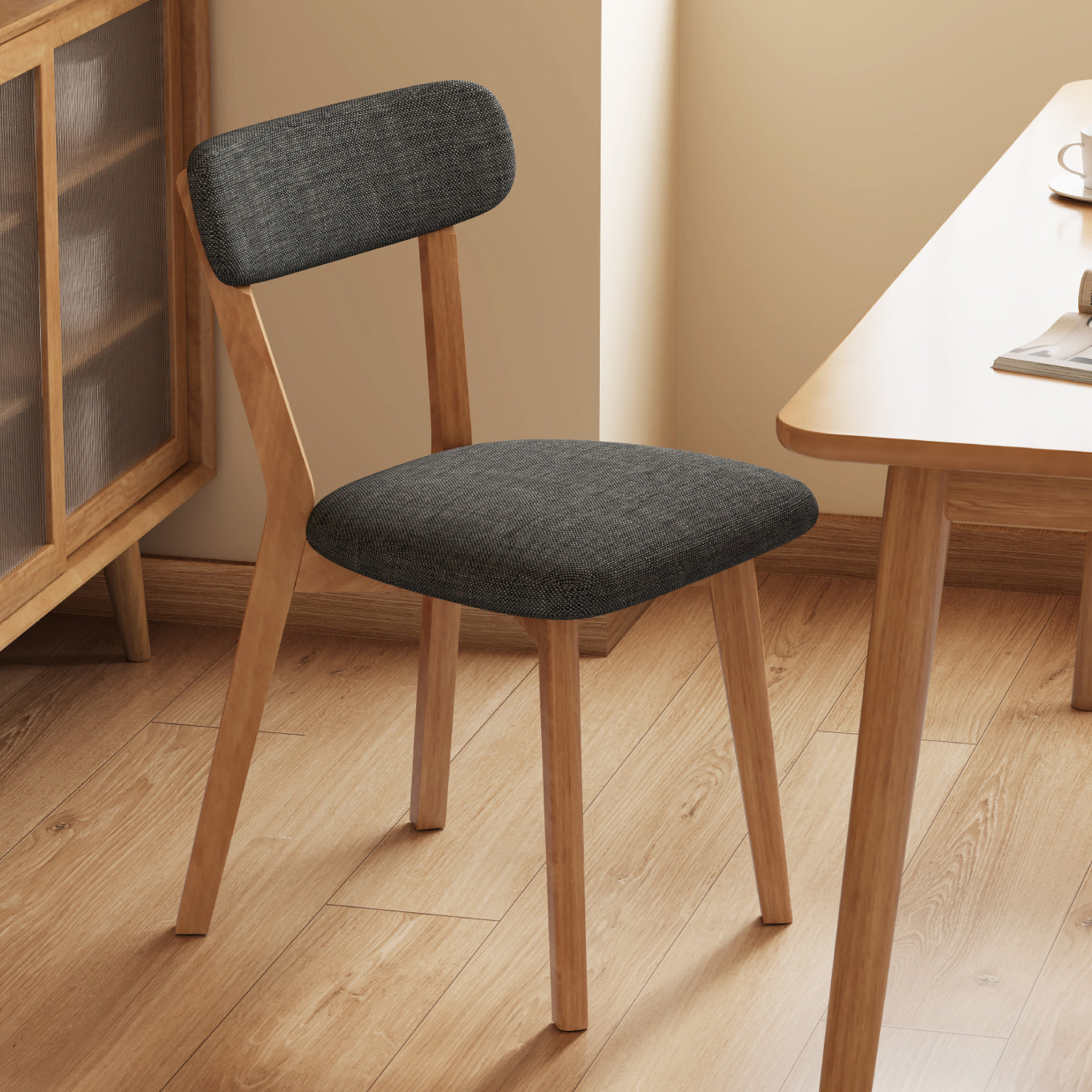 Contemporary Scandinavian Rubberwood Fabric Curved Dining Chair With Backrest For Dining Room
