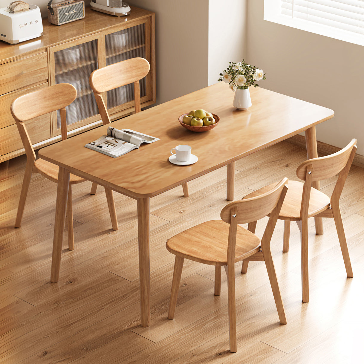Contemporary Scandinavian Rubberwood Fabric Curved Dining Chair With Backrest For Dining Room