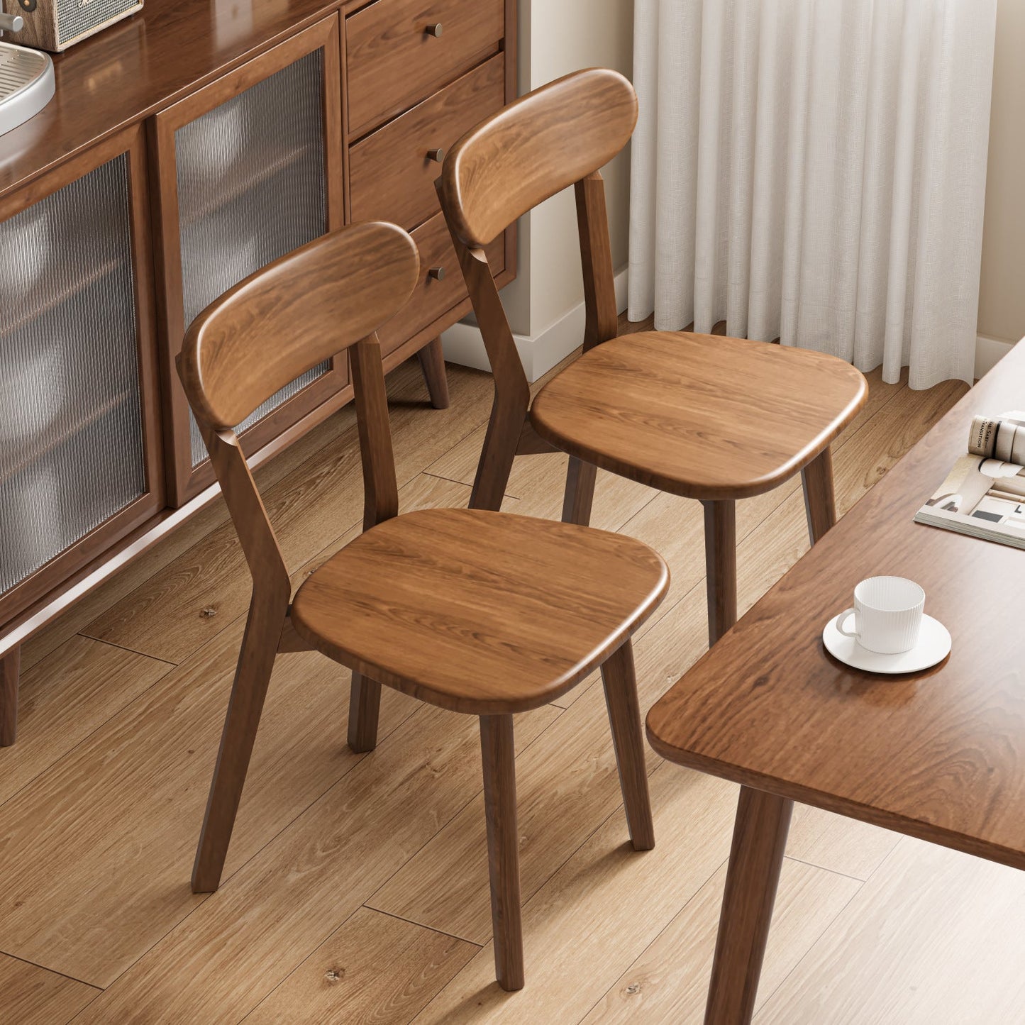 Contemporary Scandinavian Rubberwood Fabric Curved Dining Chair With Backrest For Dining Room