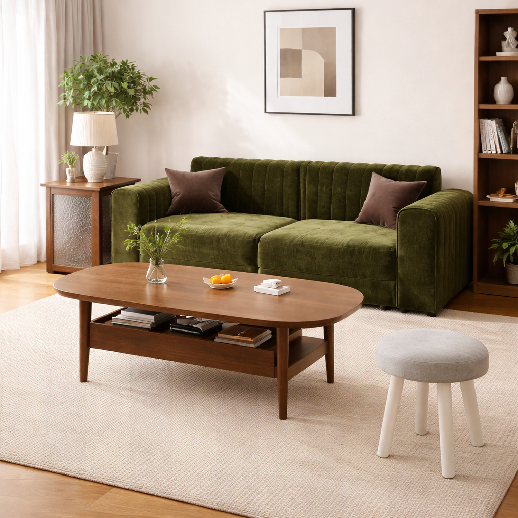 Traditional French Chenille Eucalyptus Wavy Rectangular Sofa 2-Seater With Armrest Backrest For Living Room