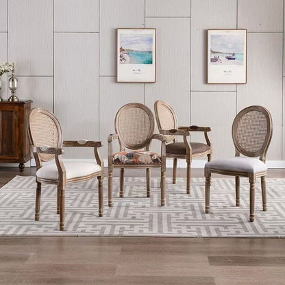 Traditional French Rubberwood PU Leather Velvet Oval Curved Dining Chair With Armrests Backrest For Dining Room