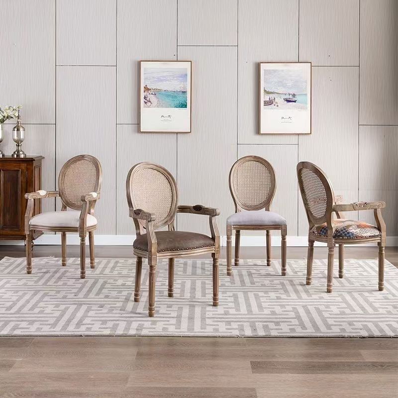 Traditional French Rubberwood PU Leather Velvet Oval Curved Dining Chair With Armrests Backrest For Dining Room