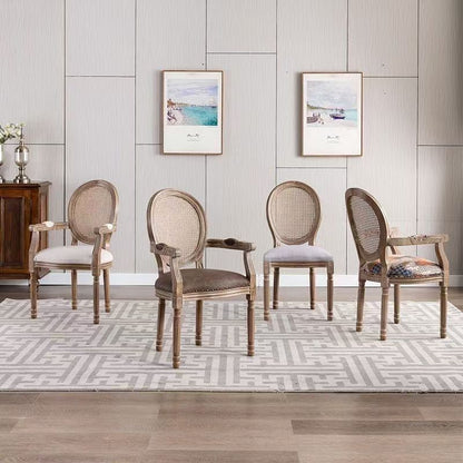Traditional French Rubberwood PU Leather Velvet Oval Curved Dining Chair With Armrests Backrest For Dining Room