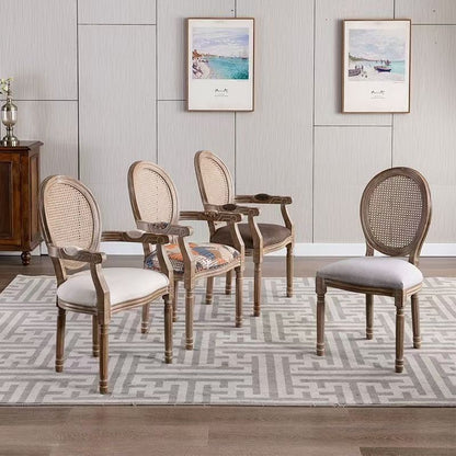 Traditional French Rubberwood PU Leather Velvet Oval Curved Dining Chair With Armrests Backrest For Dining Room