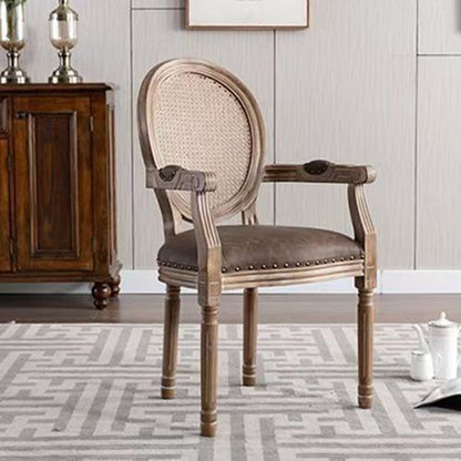 Traditional French Rubberwood PU Leather Velvet Oval Curved Dining Chair With Armrests Backrest For Dining Room