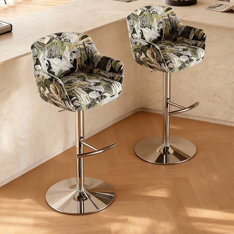 Traditional French Velvet Stainless Steel Round Curved Adjustable Bar Stool With Backrest For Living Room