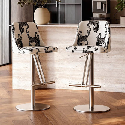 Traditional French Velvet Stainless Steel Round Curved Adjustable Bar Stool With Backrest For Living Room