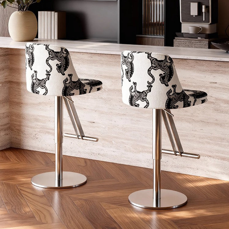 Traditional French Velvet Stainless Steel Round Curved Adjustable Bar Stool With Backrest For Living Room