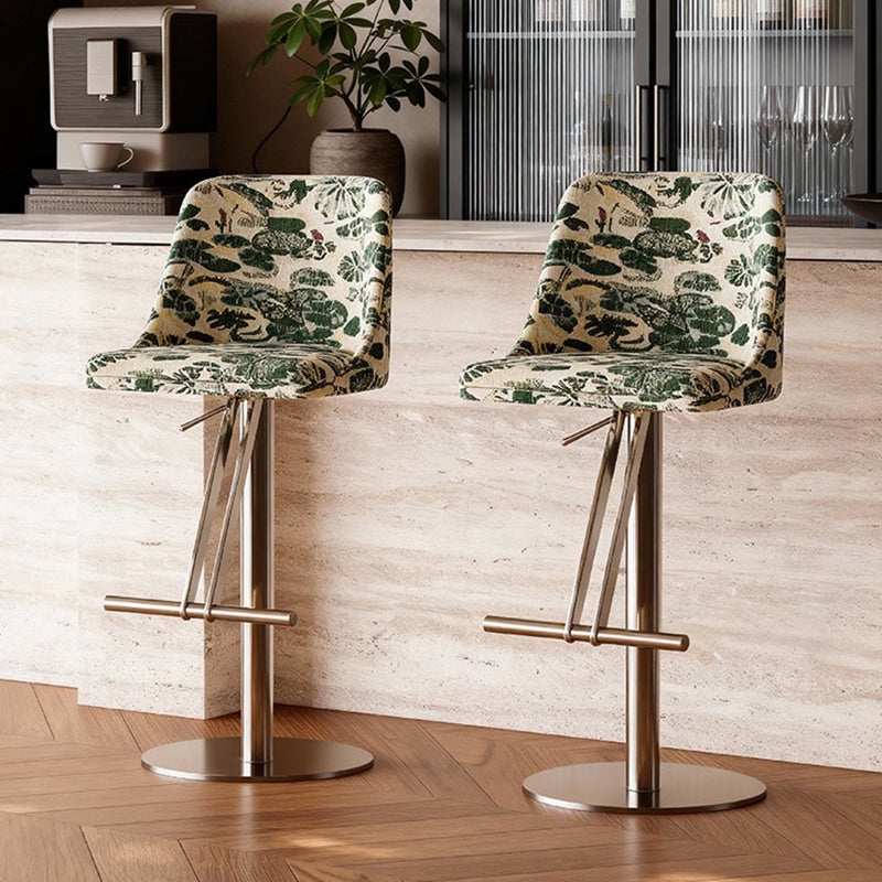 Traditional French Velvet Stainless Steel Round Curved Adjustable Bar Stool With Backrest For Living Room