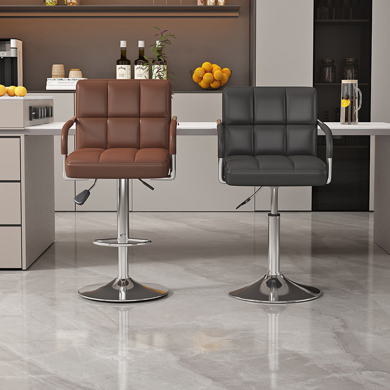 Modern Minimalist Napa Faux Leather Stainless Steel Adjustable Square Round Bar Stool With Backrest For Living Room
