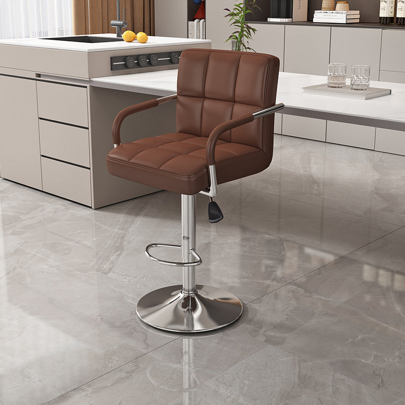 Modern Minimalist Napa Faux Leather Stainless Steel Adjustable Square Round Bar Stool With Backrest For Living Room