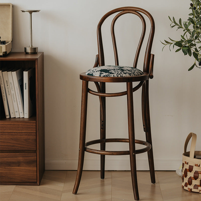 Traditional French Solid Wood Fabric Round Curved Bar Stool With Backrest For Living Room