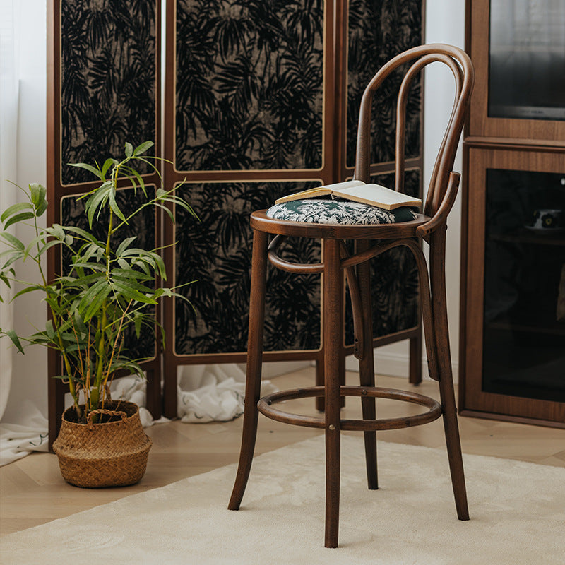 Traditional French Solid Wood Fabric Round Curved Bar Stool With Backrest For Living Room