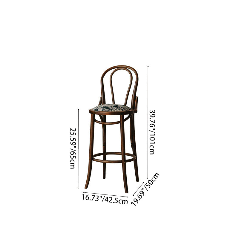 Traditional French Solid Wood Fabric Round Curved Bar Stool With Backrest For Living Room