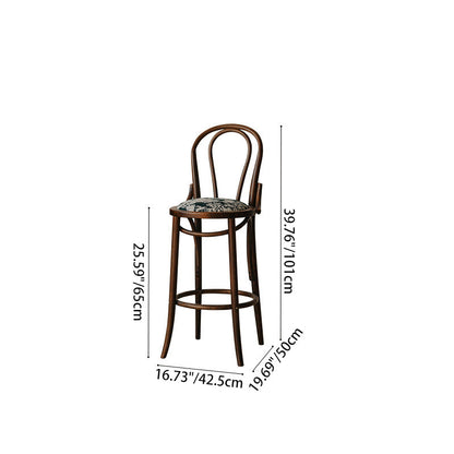 Traditional French Solid Wood Fabric Round Curved Bar Stool With Backrest For Living Room