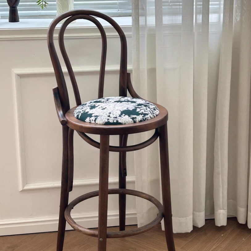 Traditional French Solid Wood Fabric Round Curved Bar Stool With Backrest For Living Room