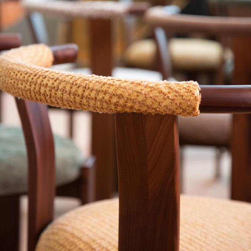Traditional Chinese Cotton Linen Ash Wood Curved Cylindrical Dining Chair With Backrest For Dining Room